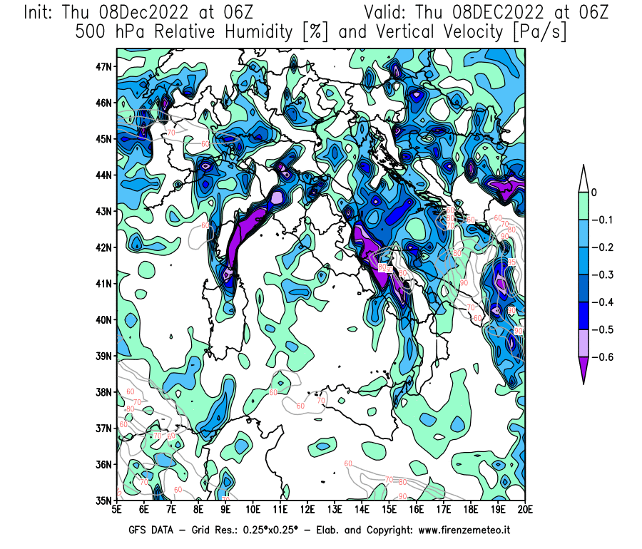 Mappa di analisi GFS - Umidità relativa [%] e Omega [Pa/s] a 500 hPa in Italia
							del 08/12/2022 06 <!--googleoff: index-->UTC<!--googleon: index-->