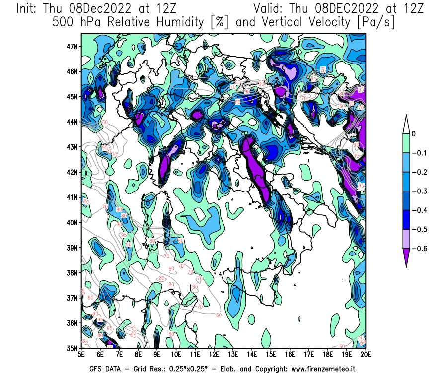 Mappa di analisi GFS - Umidità relativa [%] e Omega [Pa/s] a 500 hPa in Italia
							del 08/12/2022 12 <!--googleoff: index-->UTC<!--googleon: index-->
