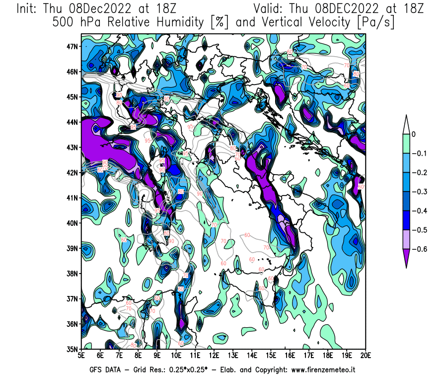 Mappa di analisi GFS - Umidità relativa [%] e Omega [Pa/s] a 500 hPa in Italia
							del 08/12/2022 18 <!--googleoff: index-->UTC<!--googleon: index-->