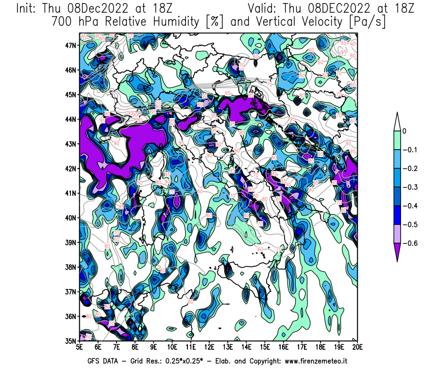 Mappa di analisi GFS - Umidità relativa [%] e Omega [Pa/s] a 700 hPa in Italia
							del 08/12/2022 18 <!--googleoff: index-->UTC<!--googleon: index-->