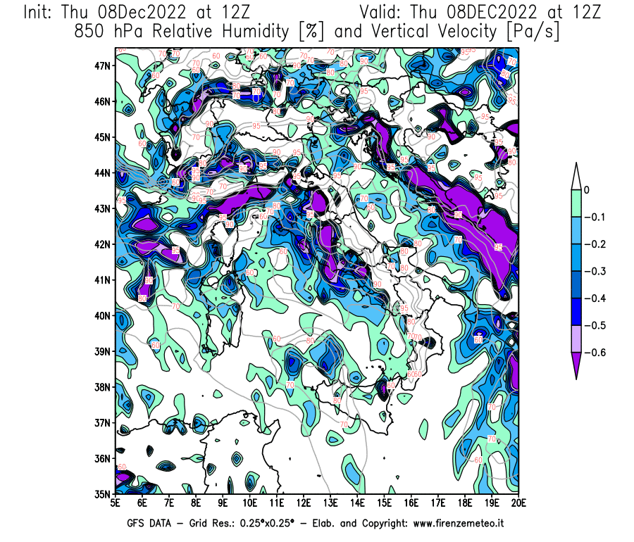 Mappa di analisi GFS - Umidità relativa [%] e Omega [Pa/s] a 850 hPa in Italia
							del 08/12/2022 12 <!--googleoff: index-->UTC<!--googleon: index-->