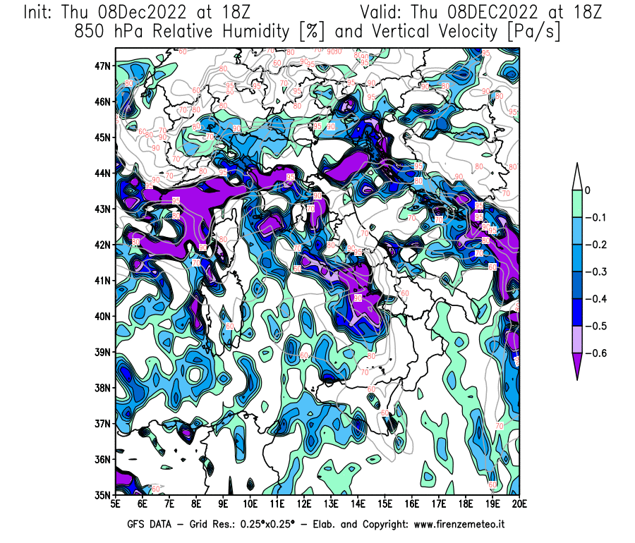 Mappa di analisi GFS - Umidità relativa [%] e Omega [Pa/s] a 850 hPa in Italia
							del 08/12/2022 18 <!--googleoff: index-->UTC<!--googleon: index-->