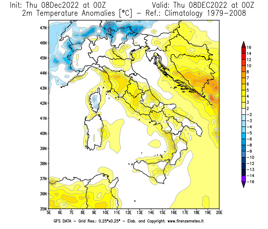 Mappa di analisi GFS - Anomalia Temperatura [°C] a 2 m in Italia
							del 08/12/2022 00 <!--googleoff: index-->UTC<!--googleon: index-->