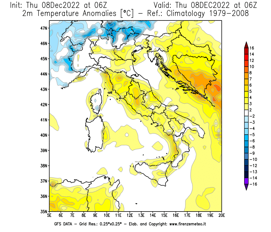 Mappa di analisi GFS - Anomalia Temperatura [°C] a 2 m in Italia
							del 08/12/2022 06 <!--googleoff: index-->UTC<!--googleon: index-->
