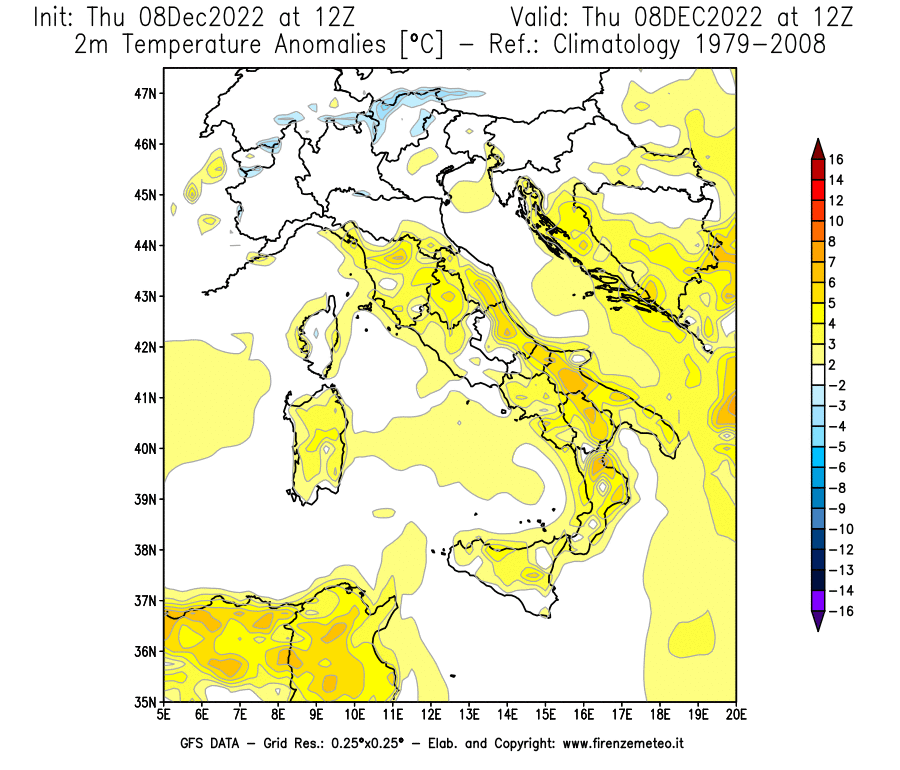 Mappa di analisi GFS - Anomalia Temperatura [°C] a 2 m in Italia
							del 08/12/2022 12 <!--googleoff: index-->UTC<!--googleon: index-->
