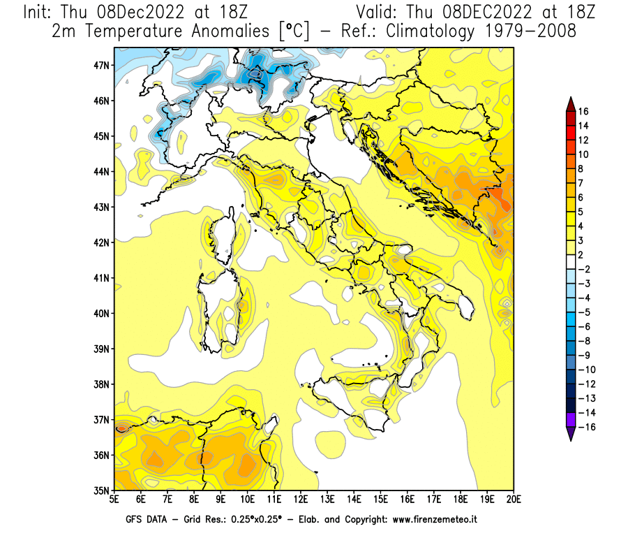 Mappa di analisi GFS - Anomalia Temperatura [°C] a 2 m in Italia
							del 08/12/2022 18 <!--googleoff: index-->UTC<!--googleon: index-->
