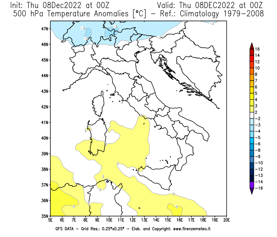 Mappa di analisi GFS - Anomalia Temperatura [°C] a 500 hPa in Italia
							del 08/12/2022 00 <!--googleoff: index-->UTC<!--googleon: index-->