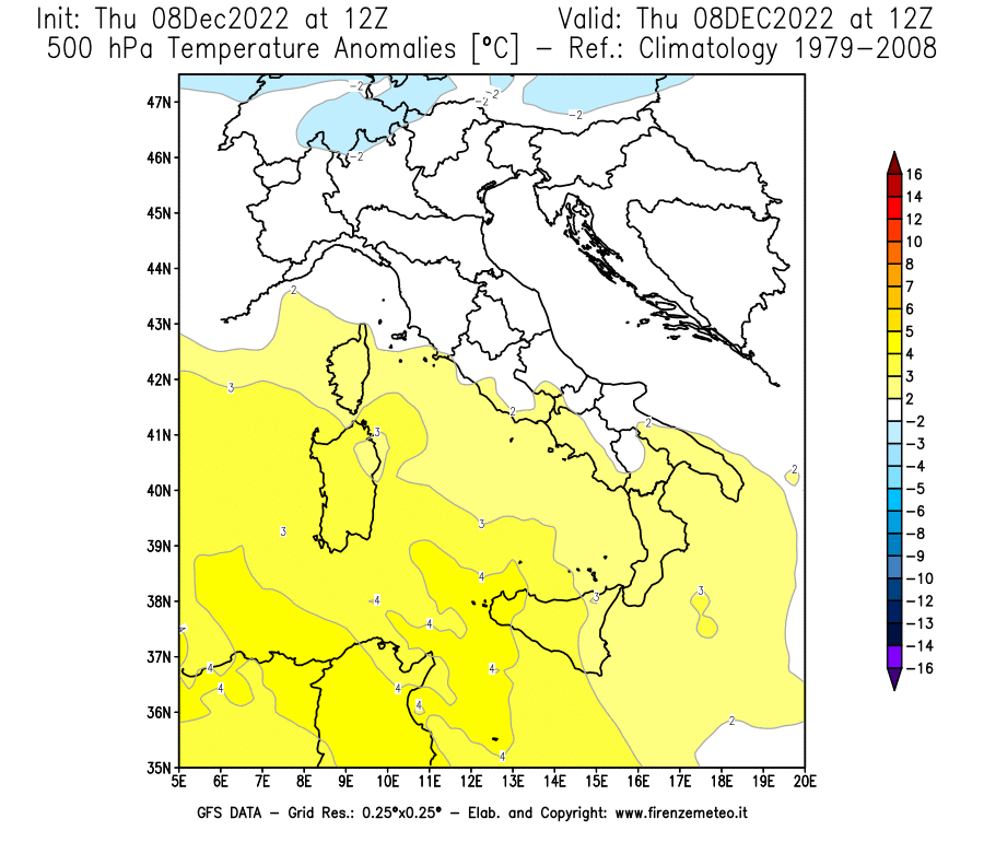 Mappa di analisi GFS - Anomalia Temperatura [°C] a 500 hPa in Italia
							del 08/12/2022 12 <!--googleoff: index-->UTC<!--googleon: index-->