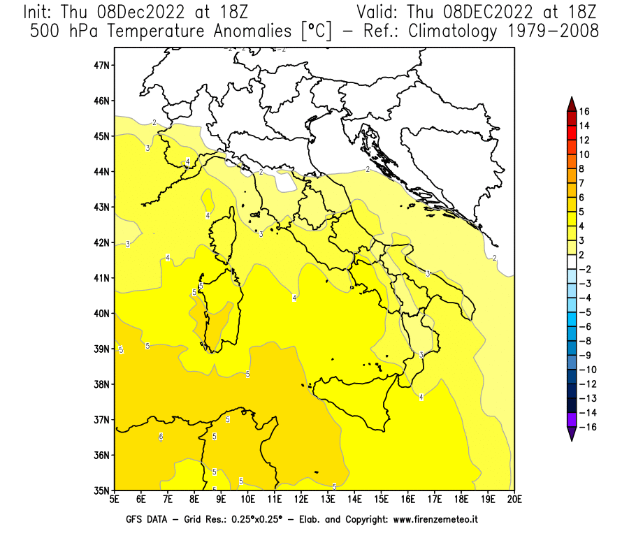 Mappa di analisi GFS - Anomalia Temperatura [°C] a 500 hPa in Italia
							del 08/12/2022 18 <!--googleoff: index-->UTC<!--googleon: index-->