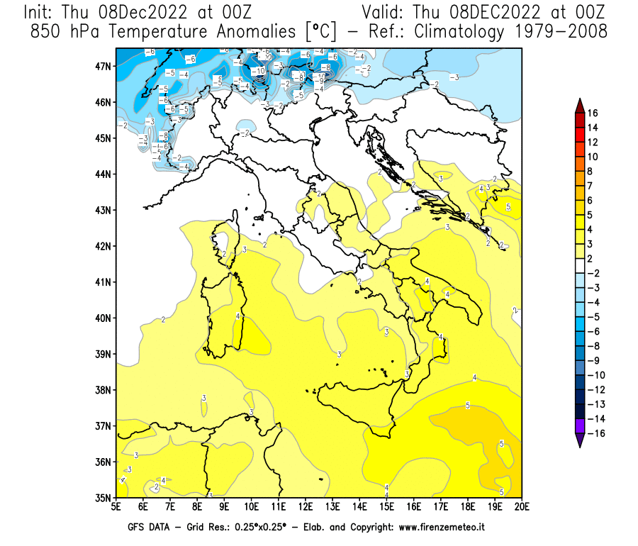 Mappa di analisi GFS - Anomalia Temperatura [°C] a 850 hPa in Italia
							del 08/12/2022 00 <!--googleoff: index-->UTC<!--googleon: index-->