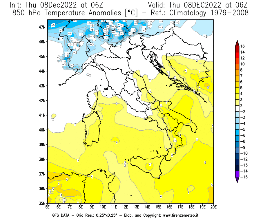 Mappa di analisi GFS - Anomalia Temperatura [°C] a 850 hPa in Italia
							del 08/12/2022 06 <!--googleoff: index-->UTC<!--googleon: index-->