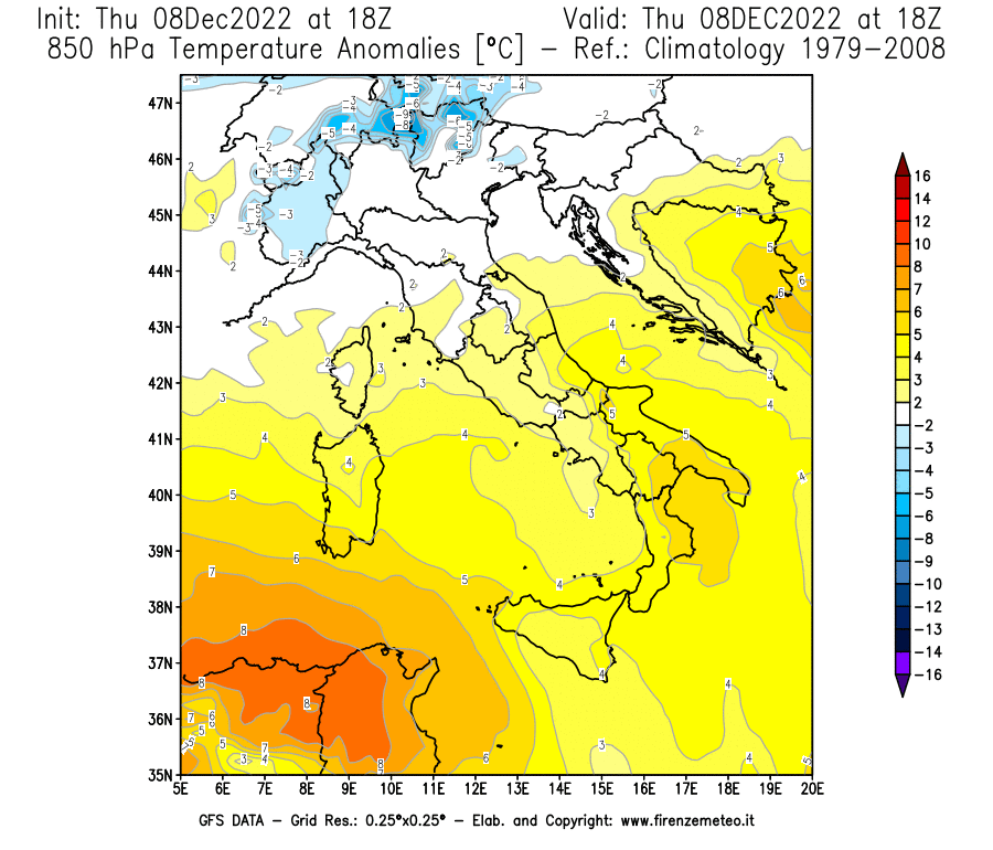 Mappa di analisi GFS - Anomalia Temperatura [°C] a 850 hPa in Italia
							del 08/12/2022 18 <!--googleoff: index-->UTC<!--googleon: index-->