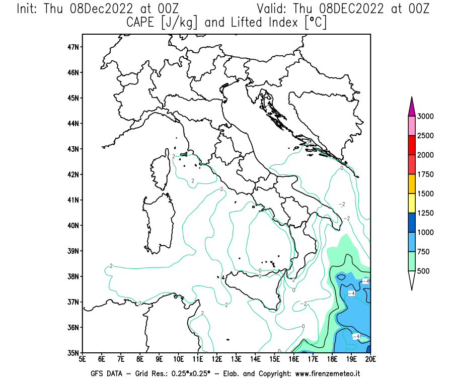 Mappa di analisi GFS - CAPE [J/kg] e Lifted Index [°C] in Italia
							del 08/12/2022 00 <!--googleoff: index-->UTC<!--googleon: index-->