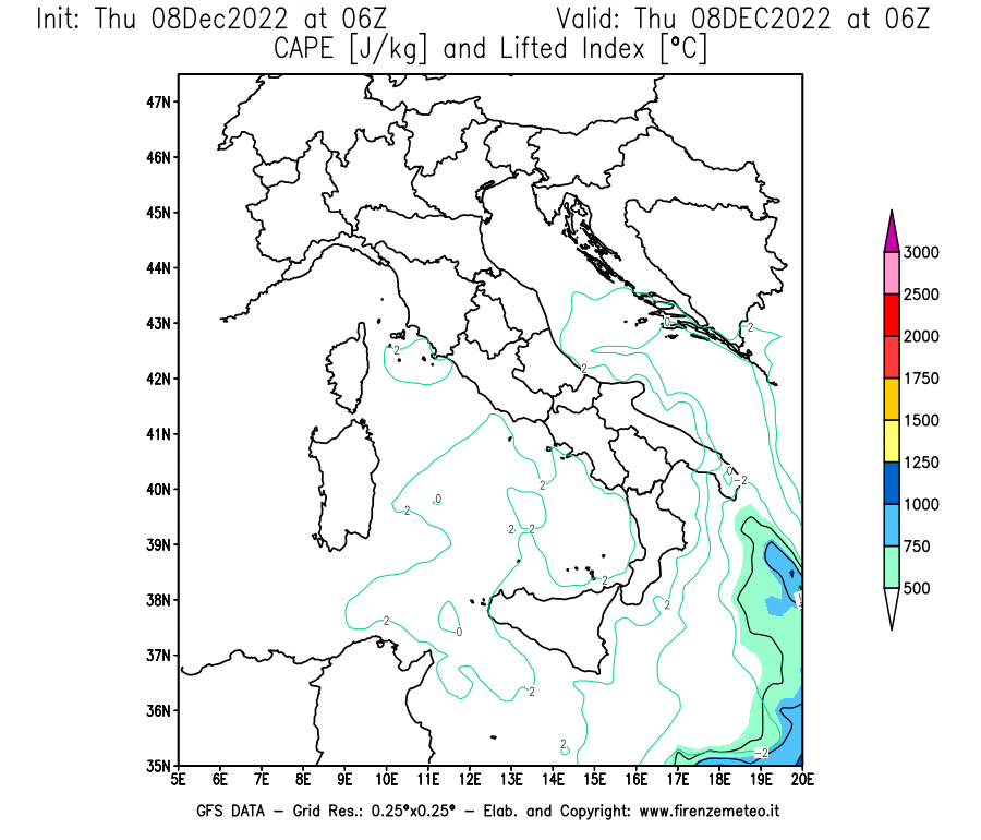 Mappa di analisi GFS - CAPE [J/kg] e Lifted Index [°C] in Italia
							del 08/12/2022 06 <!--googleoff: index-->UTC<!--googleon: index-->
