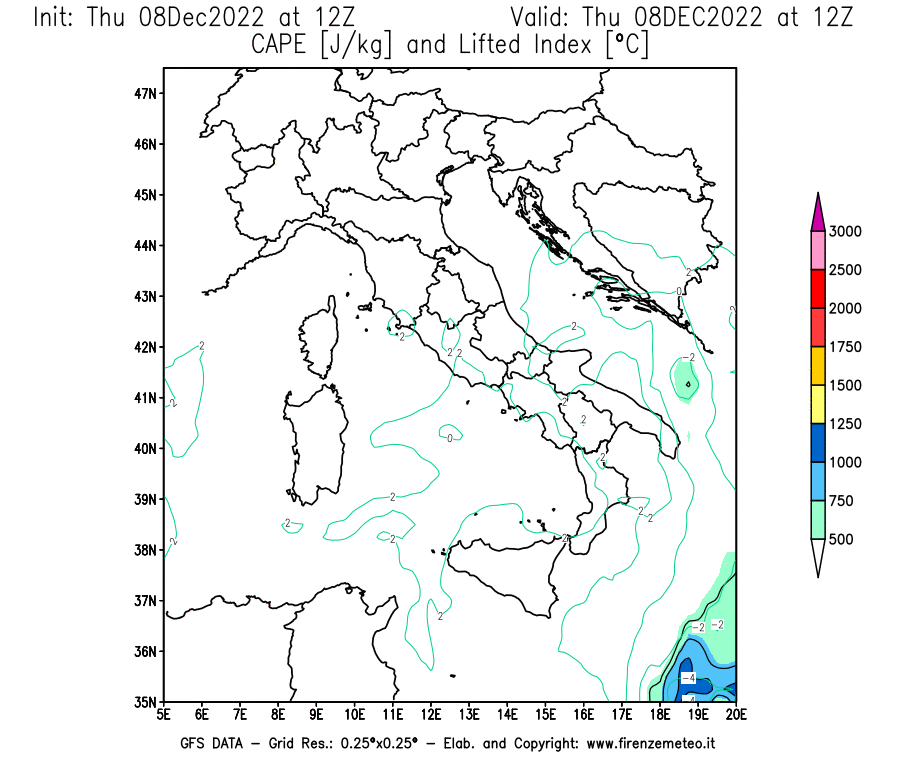 Mappa di analisi GFS - CAPE [J/kg] e Lifted Index [°C] in Italia
							del 08/12/2022 12 <!--googleoff: index-->UTC<!--googleon: index-->