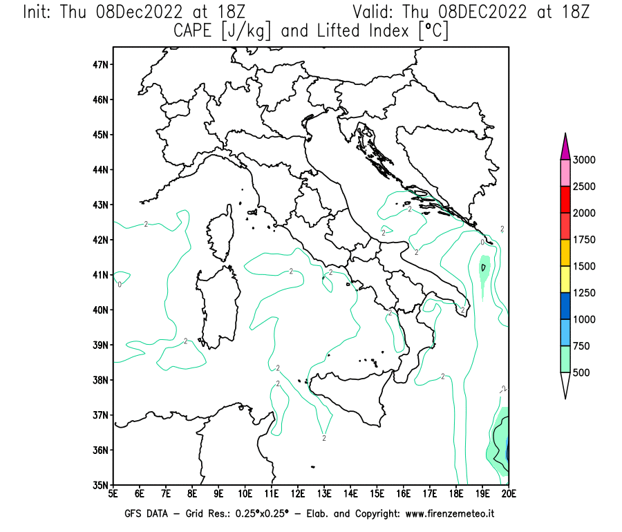 Mappa di analisi GFS - CAPE [J/kg] e Lifted Index [°C] in Italia
							del 08/12/2022 18 <!--googleoff: index-->UTC<!--googleon: index-->