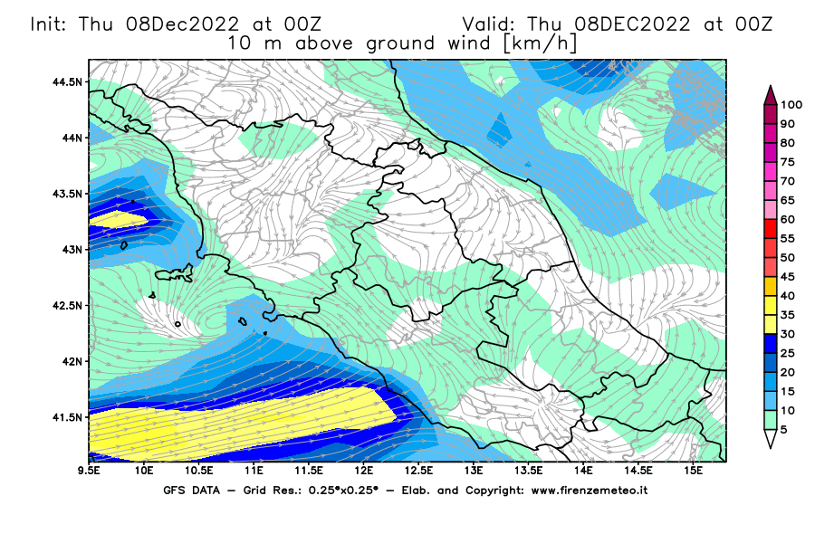 Mappa di analisi GFS - Velocità del vento a 10 metri dal suolo [km/h] in Centro-Italia
							del 08/12/2022 00 <!--googleoff: index-->UTC<!--googleon: index-->