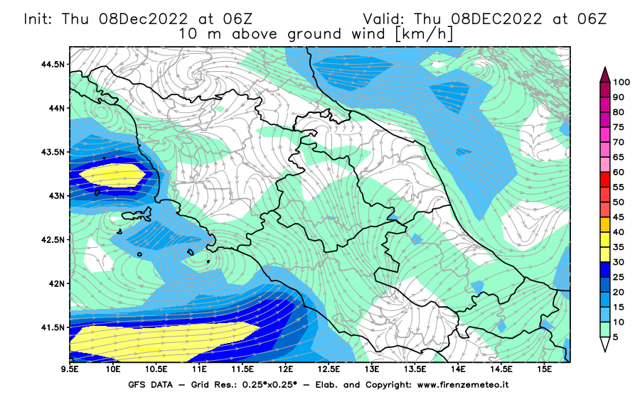 Mappa di analisi GFS - Velocità del vento a 10 metri dal suolo [km/h] in Centro-Italia
							del 08/12/2022 06 <!--googleoff: index-->UTC<!--googleon: index-->