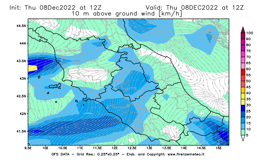 Mappa di analisi GFS - Velocità del vento a 10 metri dal suolo [km/h] in Centro-Italia
							del 08/12/2022 12 <!--googleoff: index-->UTC<!--googleon: index-->