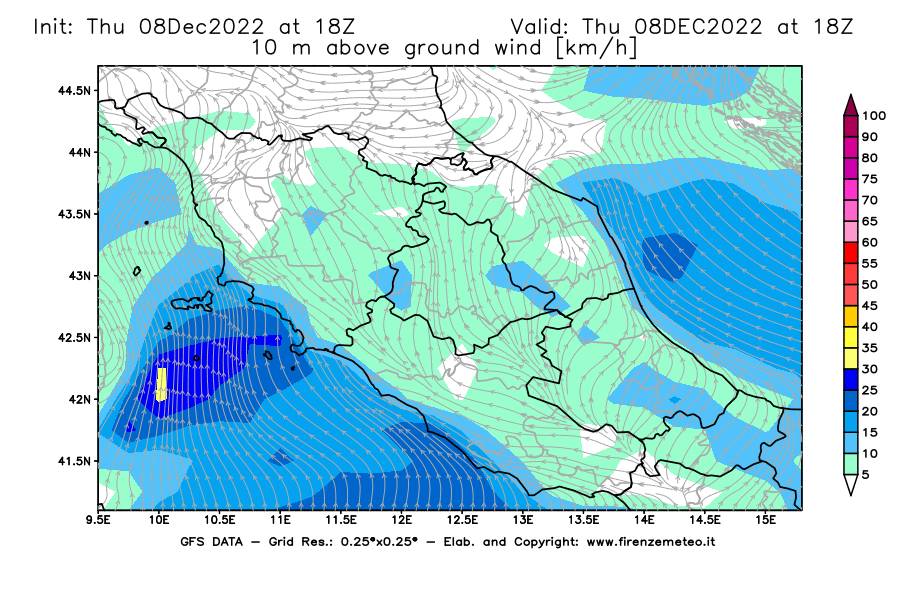 Mappa di analisi GFS - Velocità del vento a 10 metri dal suolo [km/h] in Centro-Italia
							del 08/12/2022 18 <!--googleoff: index-->UTC<!--googleon: index-->