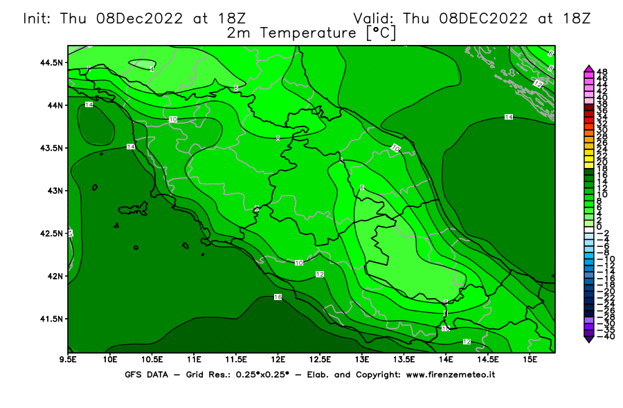 Mappa di analisi GFS - Temperatura a 2 metri dal suolo [°C] in Centro-Italia
							del 08/12/2022 18 <!--googleoff: index-->UTC<!--googleon: index-->