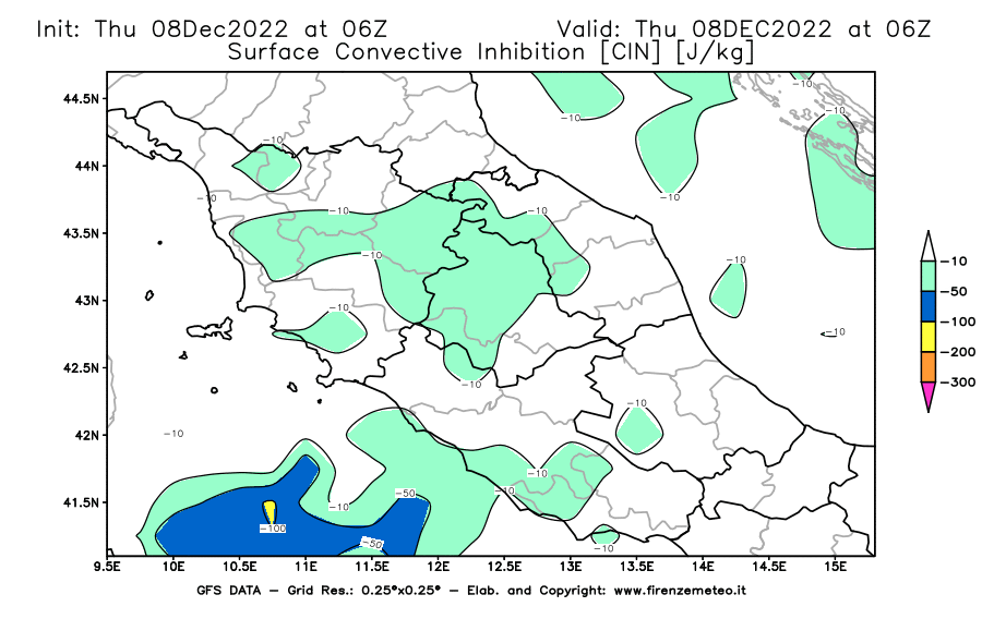 Mappa di analisi GFS - CIN [J/kg] in Centro-Italia
							del 08/12/2022 06 <!--googleoff: index-->UTC<!--googleon: index-->