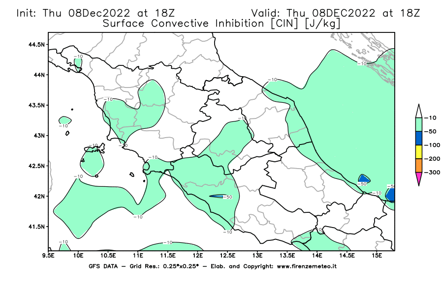 Mappa di analisi GFS - CIN [J/kg] in Centro-Italia
							del 08/12/2022 18 <!--googleoff: index-->UTC<!--googleon: index-->