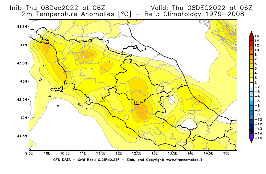 Mappa di analisi GFS - Anomalia Temperatura [°C] a 2 m in Centro-Italia
							del 08/12/2022 06 <!--googleoff: index-->UTC<!--googleon: index-->