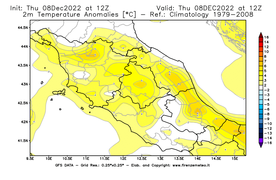 Mappa di analisi GFS - Anomalia Temperatura [°C] a 2 m in Centro-Italia
							del 08/12/2022 12 <!--googleoff: index-->UTC<!--googleon: index-->