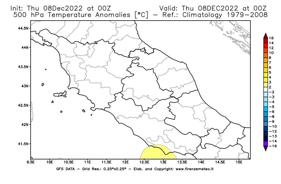 Mappa di analisi GFS - Anomalia Temperatura [°C] a 500 hPa in Centro-Italia
							del 08/12/2022 00 <!--googleoff: index-->UTC<!--googleon: index-->