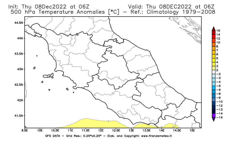 Mappa di analisi GFS - Anomalia Temperatura [°C] a 500 hPa in Centro-Italia
							del 08/12/2022 06 <!--googleoff: index-->UTC<!--googleon: index-->