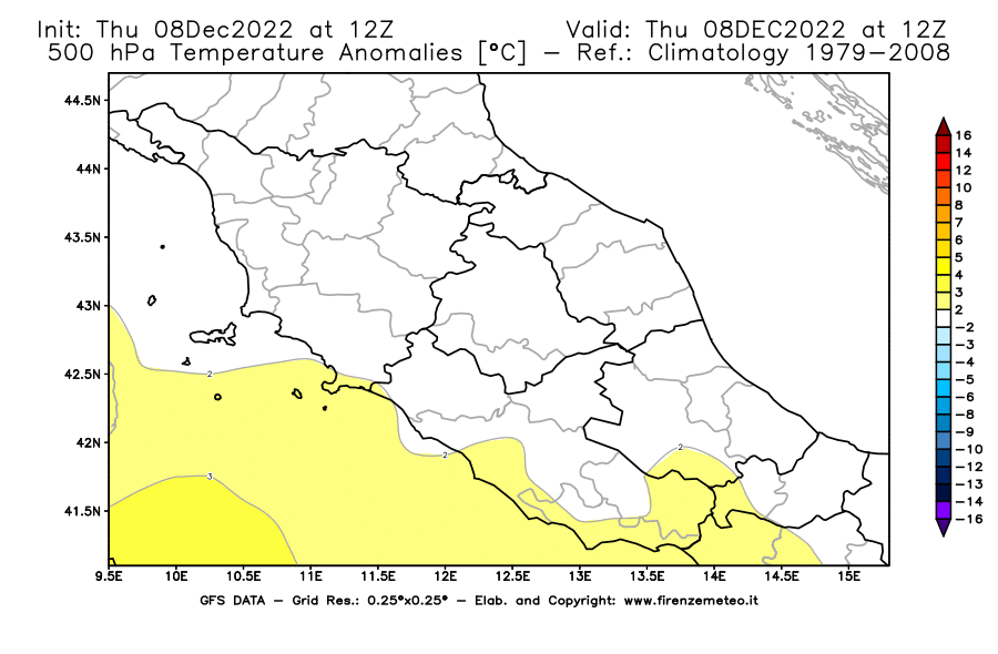 Mappa di analisi GFS - Anomalia Temperatura [°C] a 500 hPa in Centro-Italia
							del 08/12/2022 12 <!--googleoff: index-->UTC<!--googleon: index-->