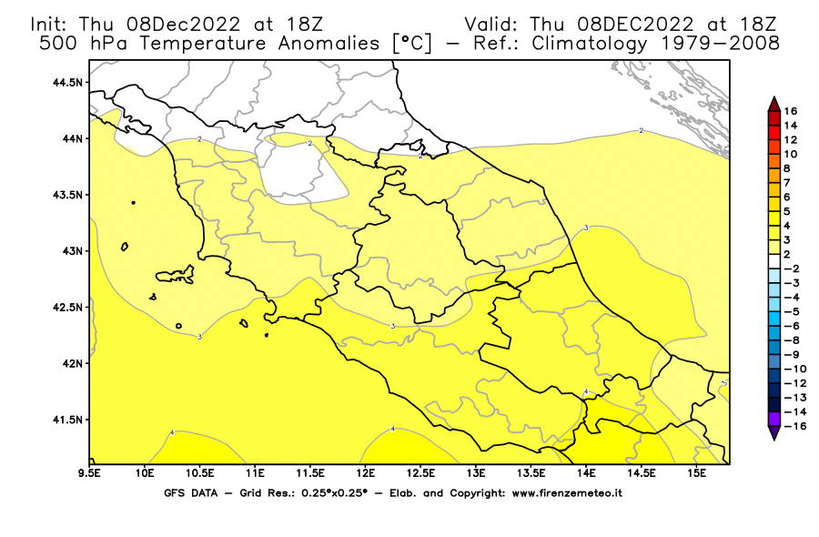 Mappa di analisi GFS - Anomalia Temperatura [°C] a 500 hPa in Centro-Italia
							del 08/12/2022 18 <!--googleoff: index-->UTC<!--googleon: index-->