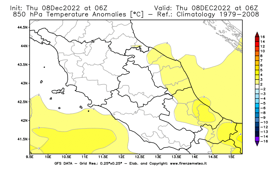 Mappa di analisi GFS - Anomalia Temperatura [°C] a 850 hPa in Centro-Italia
							del 08/12/2022 06 <!--googleoff: index-->UTC<!--googleon: index-->
