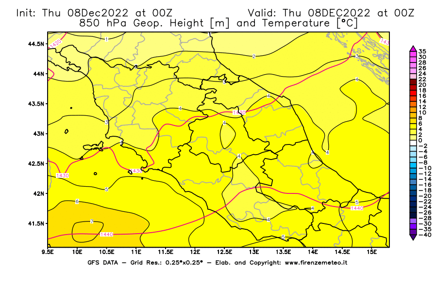Mappa di analisi GFS - Geopotenziale [m] e Temperatura [°C] a 850 hPa in Centro-Italia
							del 08/12/2022 00 <!--googleoff: index-->UTC<!--googleon: index-->