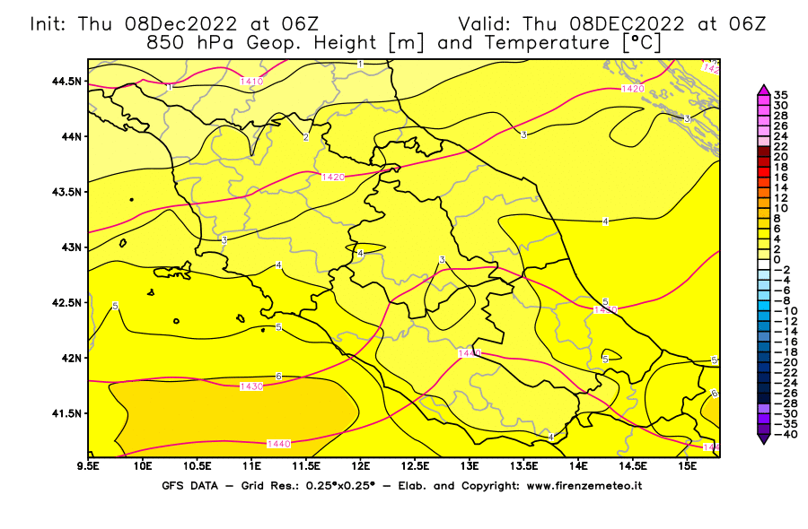 Mappa di analisi GFS - Geopotenziale [m] e Temperatura [°C] a 850 hPa in Centro-Italia
							del 08/12/2022 06 <!--googleoff: index-->UTC<!--googleon: index-->