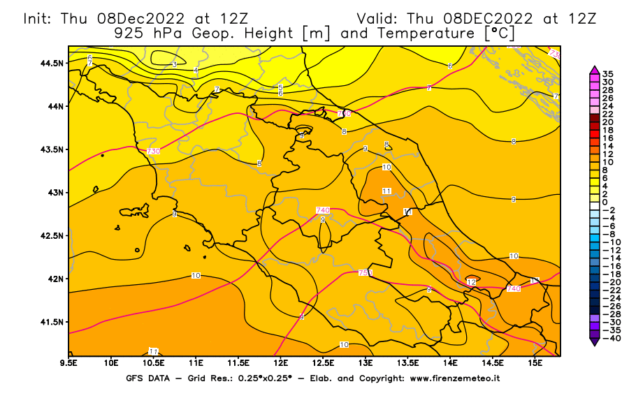 Mappa di analisi GFS - Geopotenziale [m] e Temperatura [°C] a 925 hPa in Centro-Italia
							del 08/12/2022 12 <!--googleoff: index-->UTC<!--googleon: index-->