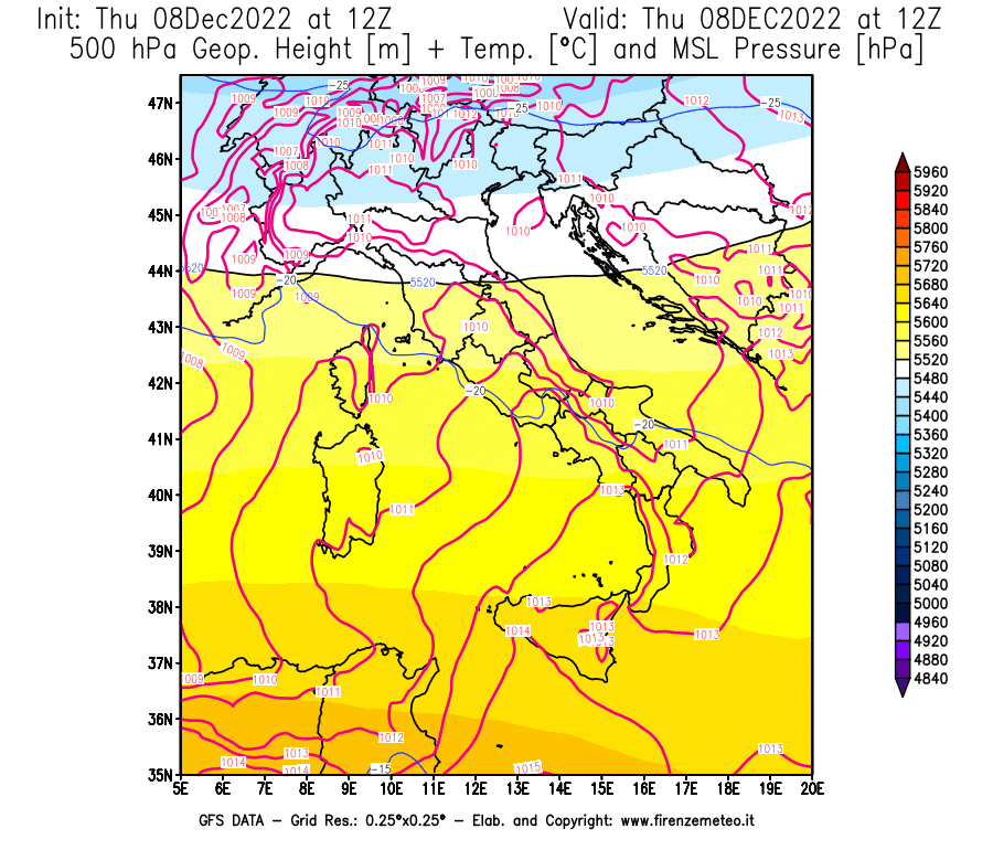 Mappa di analisi GFS - Geopotenziale [m] + Temp. [°C] a 500 hPa + Press. a livello del mare [hPa] in Italia
							del 08/12/2022 12 <!--googleoff: index-->UTC<!--googleon: index-->