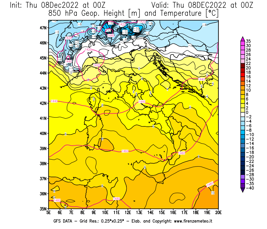 Mappa di analisi GFS - Geopotenziale [m] e Temperatura [°C] a 850 hPa in Italia
							del 08/12/2022 00 <!--googleoff: index-->UTC<!--googleon: index-->