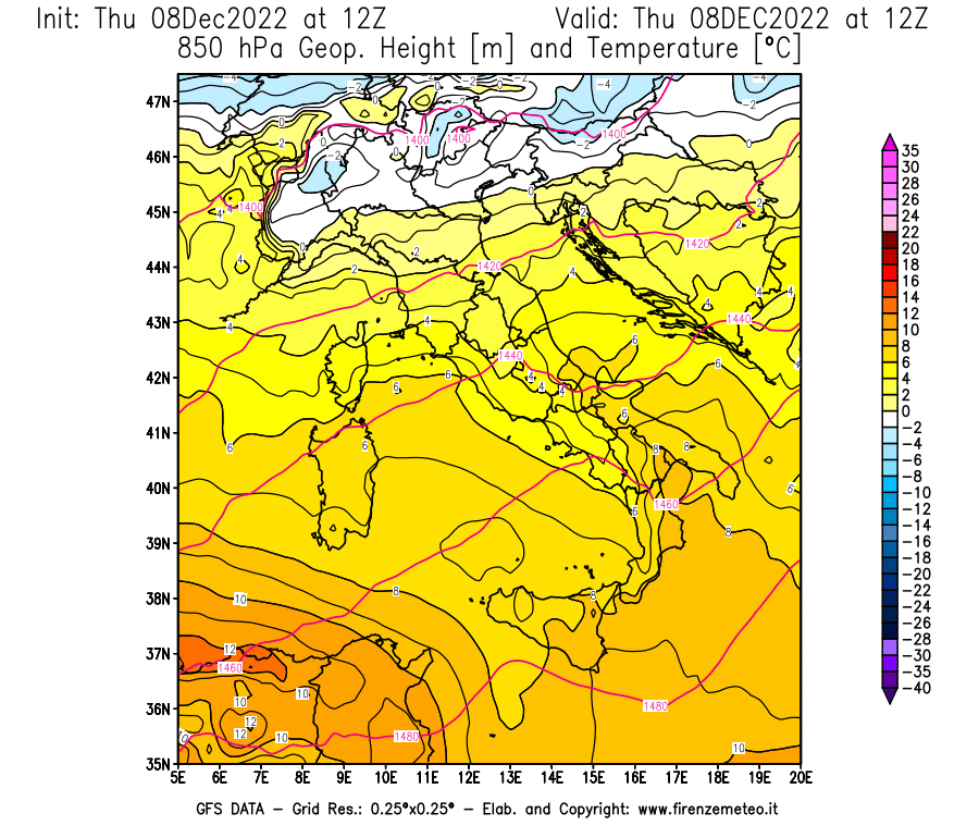Mappa di analisi GFS - Geopotenziale [m] e Temperatura [°C] a 850 hPa in Italia
							del 08/12/2022 12 <!--googleoff: index-->UTC<!--googleon: index-->