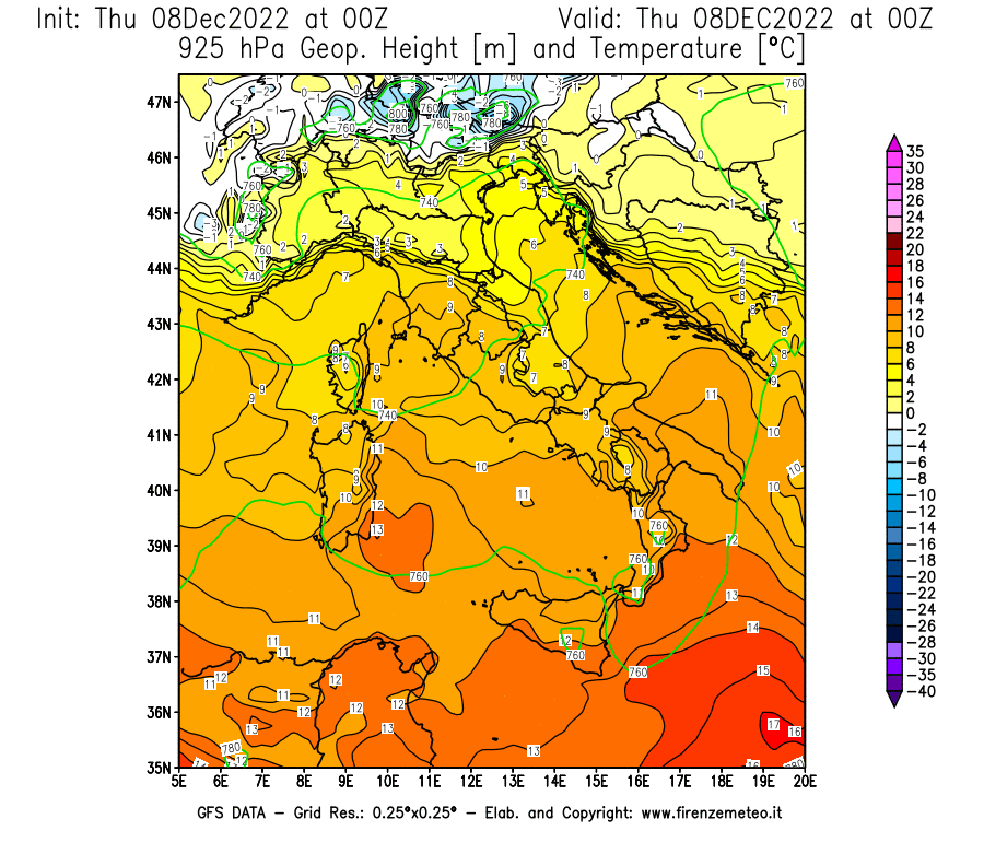 Mappa di analisi GFS - Geopotenziale [m] e Temperatura [°C] a 925 hPa in Italia
							del 08/12/2022 00 <!--googleoff: index-->UTC<!--googleon: index-->