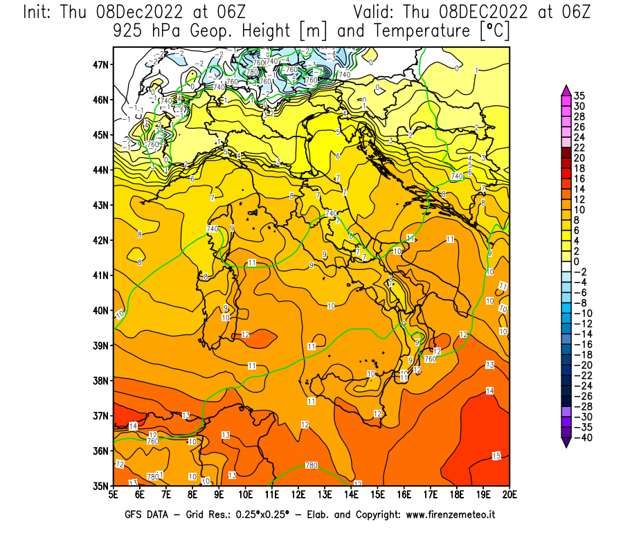 Mappa di analisi GFS - Geopotenziale [m] e Temperatura [°C] a 925 hPa in Italia
							del 08/12/2022 06 <!--googleoff: index-->UTC<!--googleon: index-->