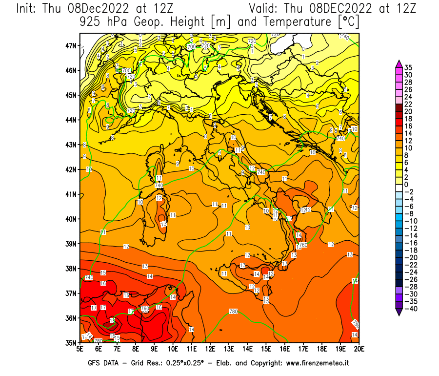 Mappa di analisi GFS - Geopotenziale [m] e Temperatura [°C] a 925 hPa in Italia
							del 08/12/2022 12 <!--googleoff: index-->UTC<!--googleon: index-->