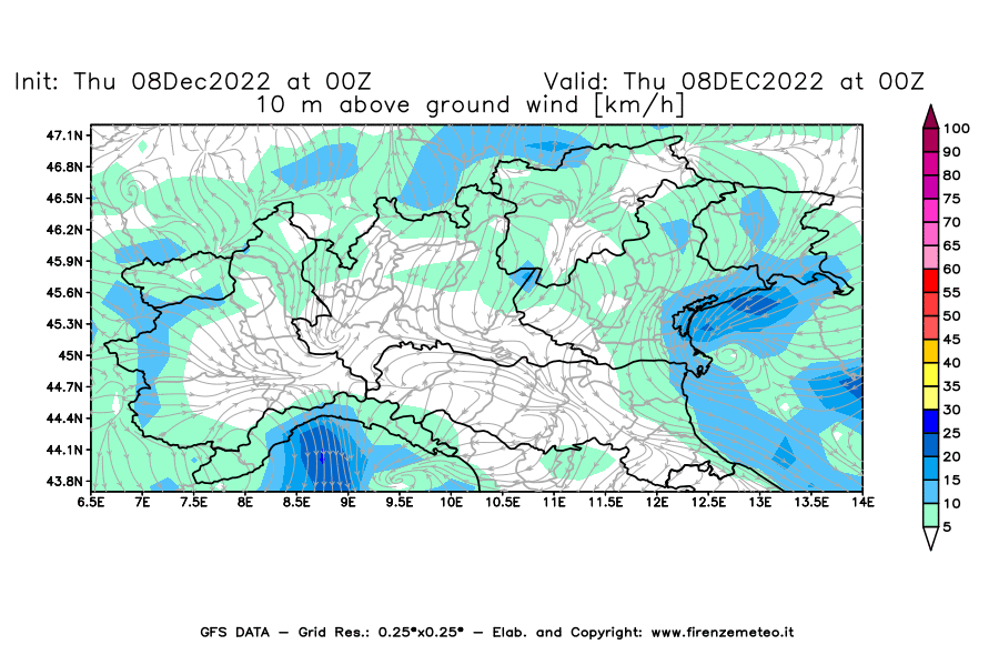 Mappa di analisi GFS - Velocità del vento a 10 metri dal suolo [km/h] in Nord-Italia
							del 08/12/2022 00 <!--googleoff: index-->UTC<!--googleon: index-->