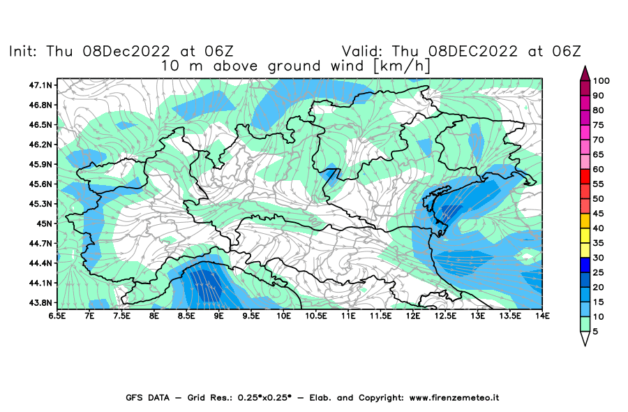 Mappa di analisi GFS - Velocità del vento a 10 metri dal suolo [km/h] in Nord-Italia
							del 08/12/2022 06 <!--googleoff: index-->UTC<!--googleon: index-->