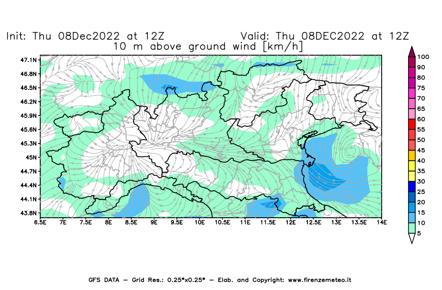 Mappa di analisi GFS - Velocità del vento a 10 metri dal suolo [km/h] in Nord-Italia
							del 08/12/2022 12 <!--googleoff: index-->UTC<!--googleon: index-->
