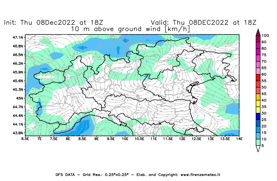 Mappa di analisi GFS - Velocità del vento a 10 metri dal suolo [km/h] in Nord-Italia
							del 08/12/2022 18 <!--googleoff: index-->UTC<!--googleon: index-->