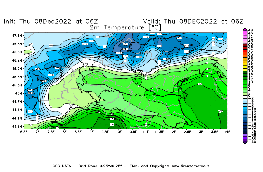 Mappa di analisi GFS - Temperatura a 2 metri dal suolo [°C] in Nord-Italia
							del 08/12/2022 06 <!--googleoff: index-->UTC<!--googleon: index-->