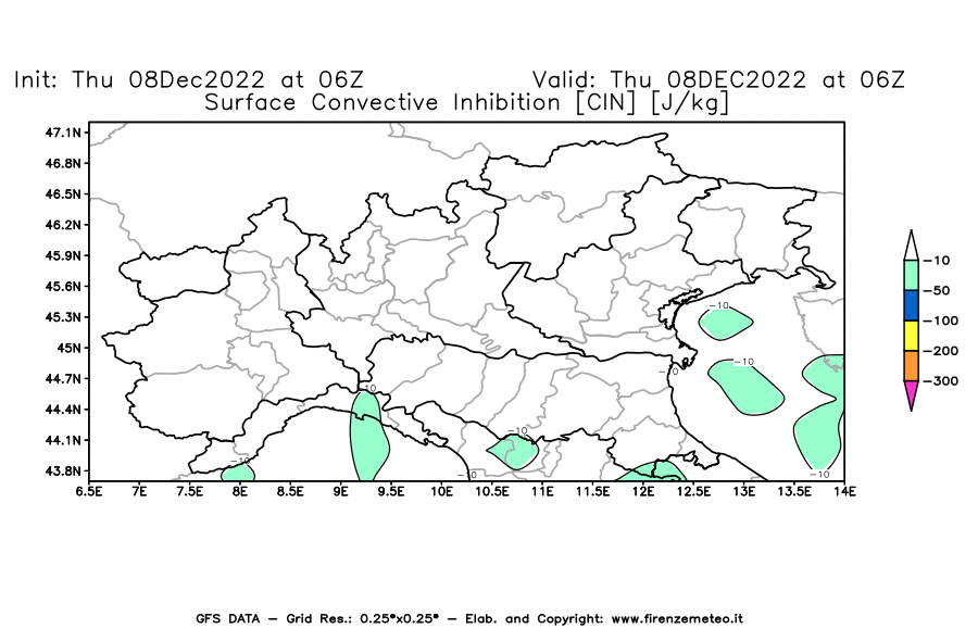 Mappa di analisi GFS - CIN [J/kg] in Nord-Italia
							del 08/12/2022 06 <!--googleoff: index-->UTC<!--googleon: index-->