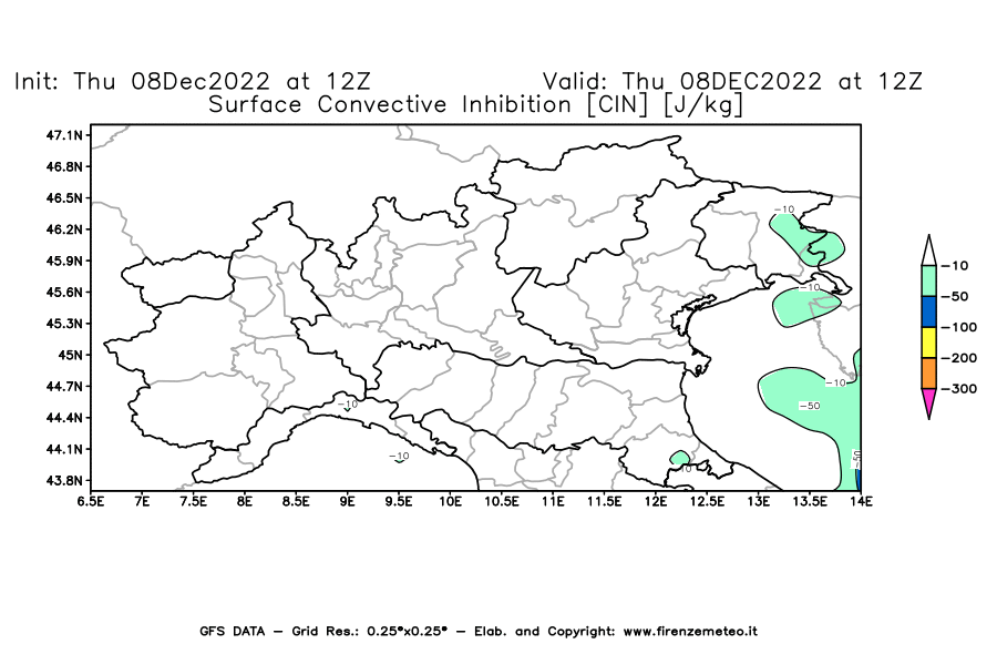 Mappa di analisi GFS - CIN [J/kg] in Nord-Italia
							del 08/12/2022 12 <!--googleoff: index-->UTC<!--googleon: index-->